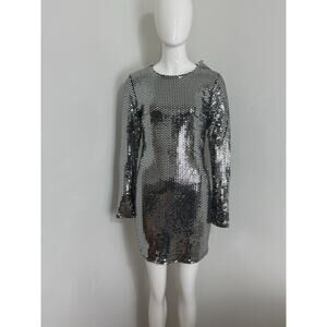 Women’s Silver Sequin Mini Dress Long Sleeve Bodycon Club Cocktail Size M NWT